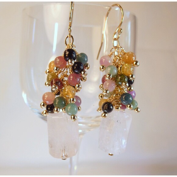 Bubble Gum Rose Quartz-Watermelon Tourmaline Gold Beaded Earrings FUN Pink - Picture 6 of 6